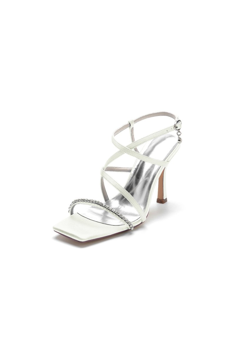 Square Open Toe Crystal Cross Straps Chunky Heels - KissProm