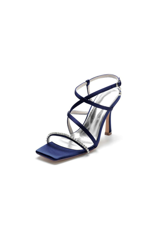 Square Open Toe Crystal Cross Straps Chunky Heels - KissProm