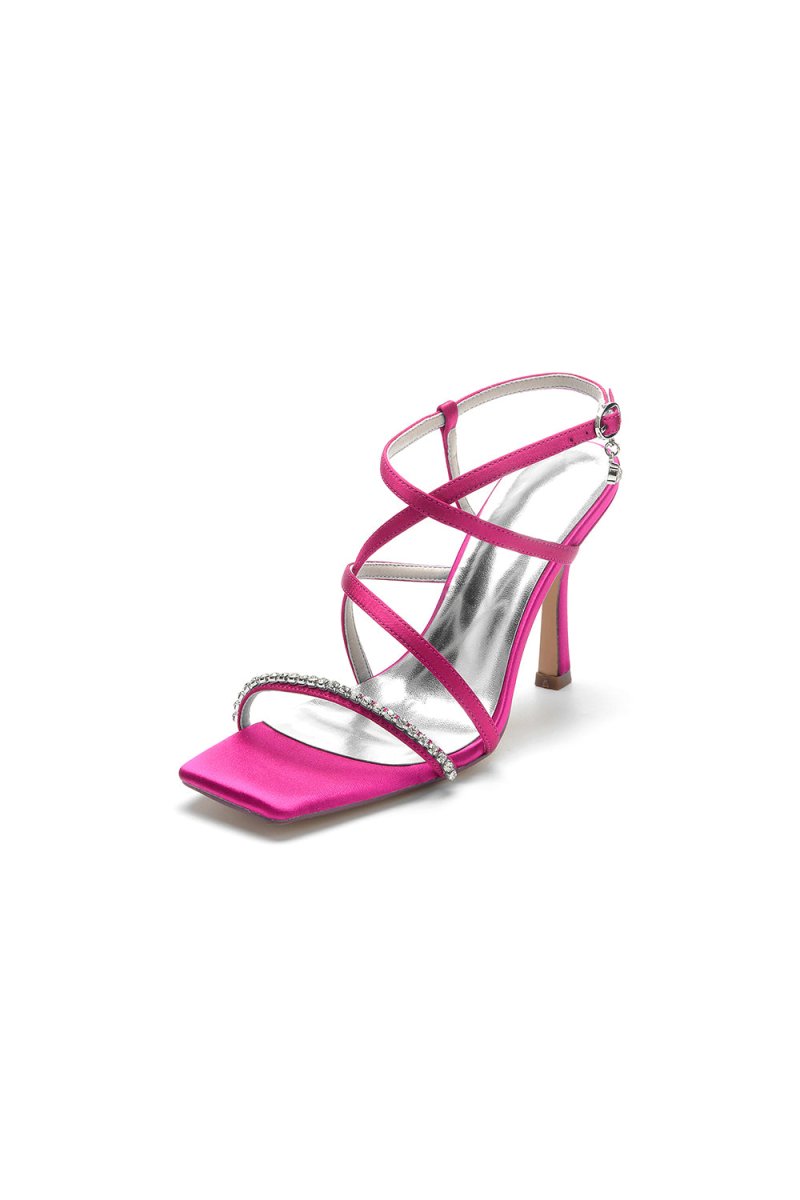 Square Open Toe Crystal Cross Straps Chunky Heels - KissProm