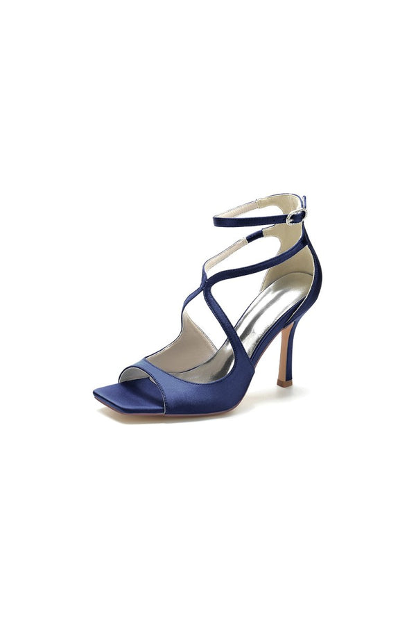 Square Open Toe Hollow Out Satin Stiletto Heels - KissProm