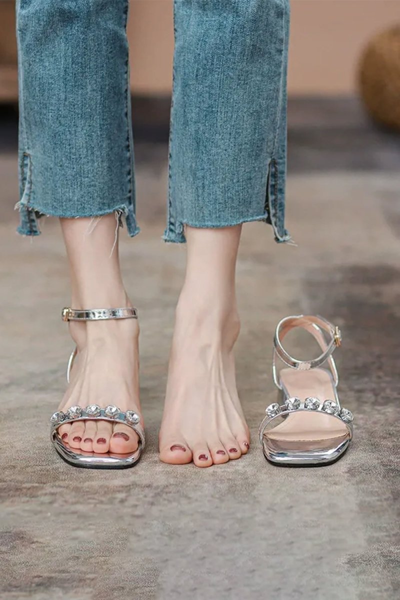 Square Open Toe Low Heel Ankle Strap Party Shoes With Rhinestone - KissProm