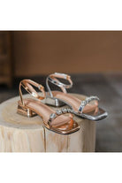 Square Open Toe Low Heel Ankle Strap Party Shoes With Rhinestone - KissProm