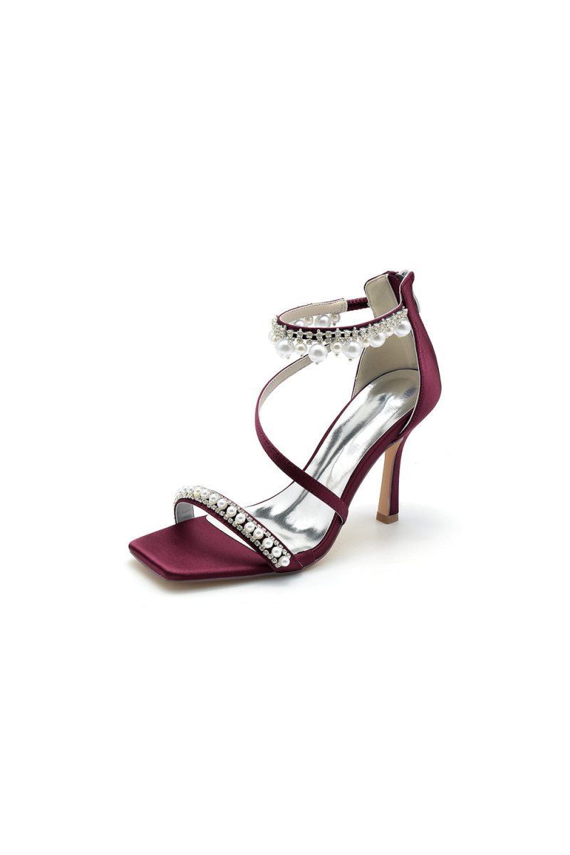Square Open Toe Pearl Satin Stiletto Heels - KissProm