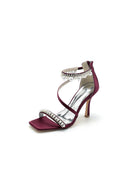 Square Open Toe Pearl Satin Stiletto Heels - KissProm