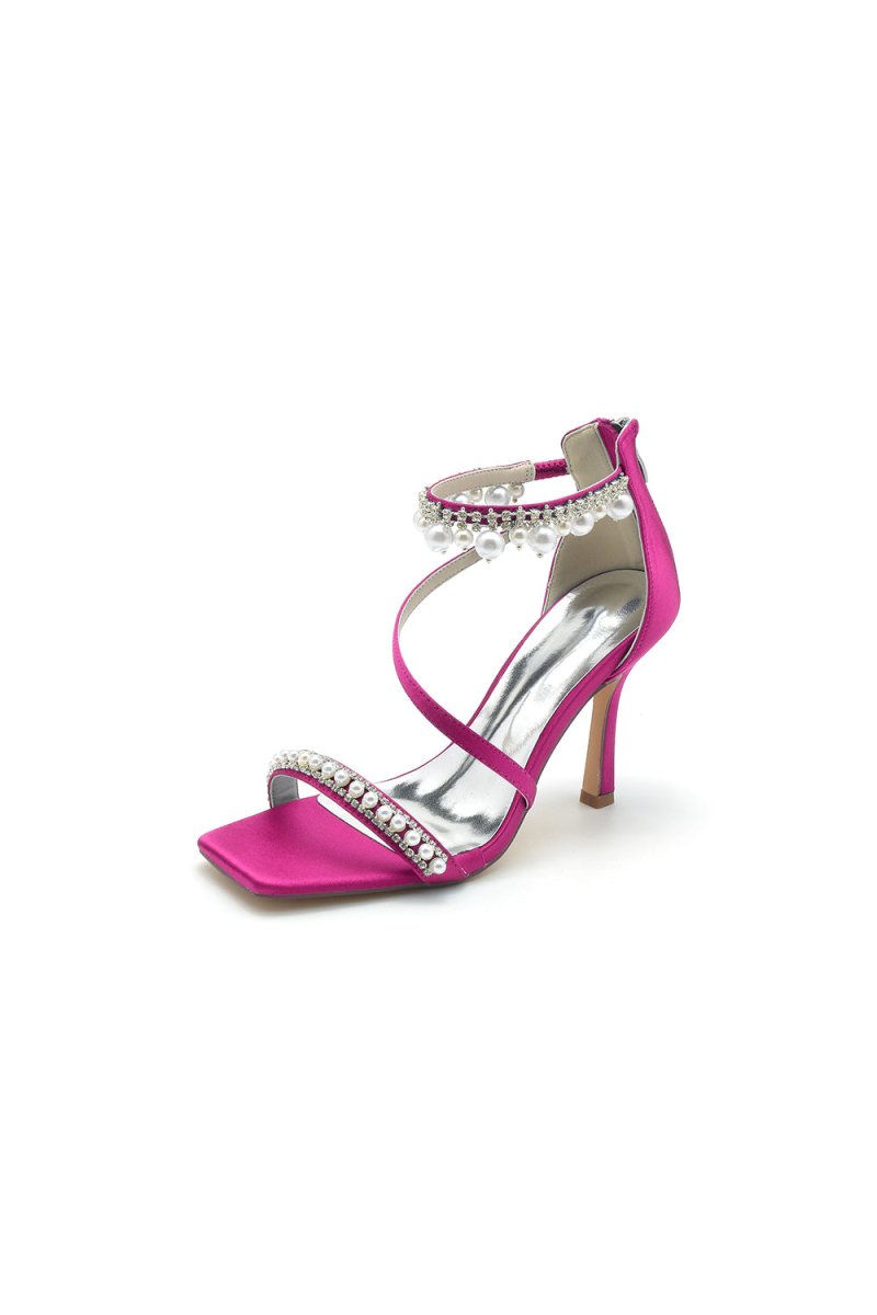 Square Open Toe Pearl Satin Stiletto Heels - KissProm