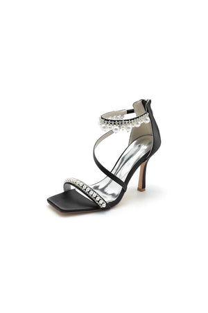 Square Open Toe Pearl Satin Stiletto Heels - KissProm