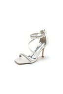 Square Open Toe Pearl Satin Stiletto Heels - KissProm