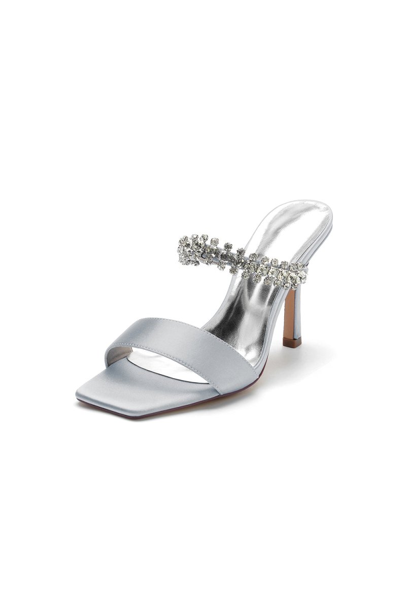 Square Open Toe Rhinestone Strappy Satin Stiletto Heels - KissProm
