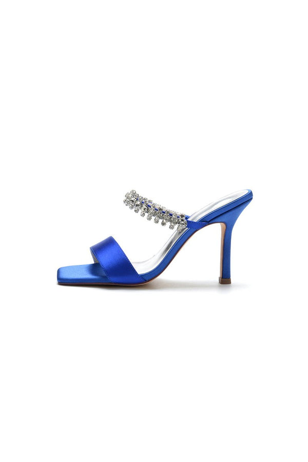 Square Open Toe Rhinestone Strappy Satin Stiletto Heels - KissProm