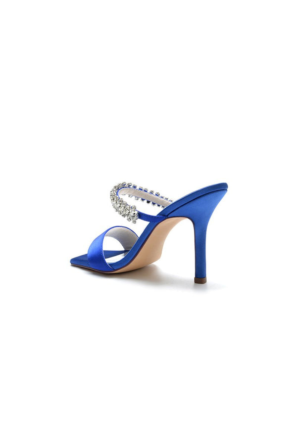 Square Open Toe Rhinestone Strappy Satin Stiletto Heels - KissProm