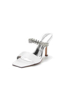Square Open Toe Rhinestone Strappy Satin Stiletto Heels - KissProm