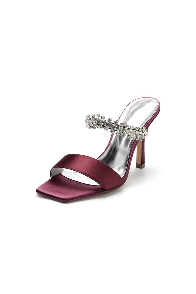Square Open Toe Rhinestone Strappy Satin Stiletto Heels - KissProm