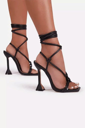 Square Open Toe Tie - Up Ankle Strap Stiletto Heels - KissProm