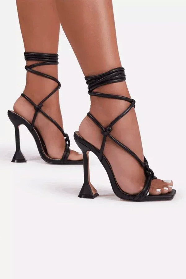 Square Open Toe Tie - Up Ankle Strap Stiletto Heels - KissProm