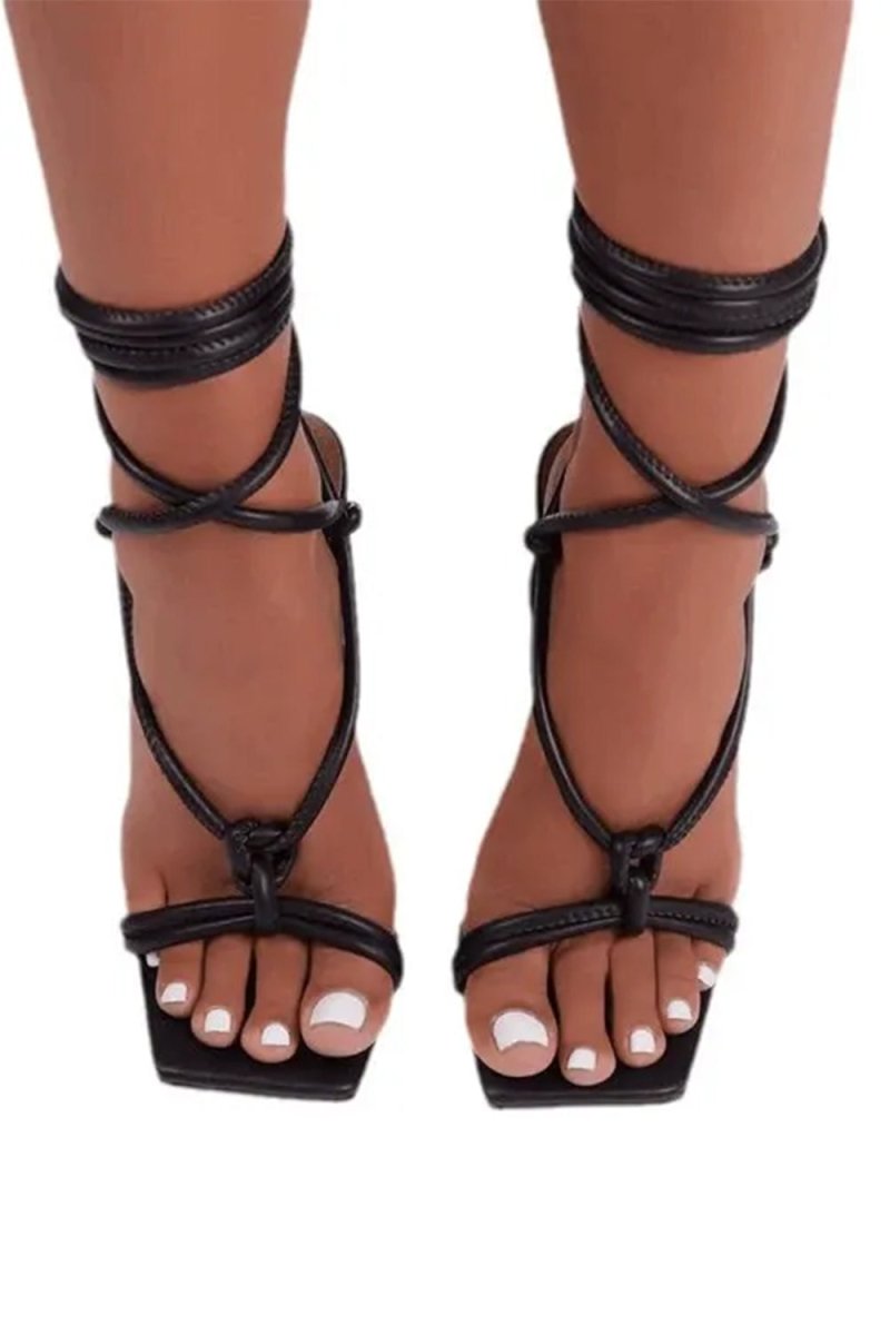 Square Open Toe Tie - Up Ankle Strap Stiletto Heels - KissProm