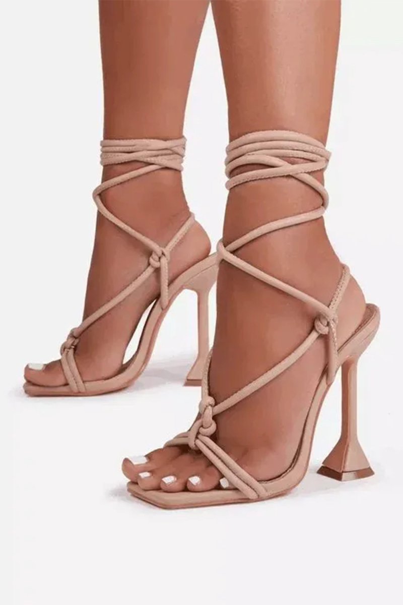 Square Open Toe Tie - Up Ankle Strap Stiletto Heels - KissProm