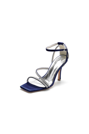 Square OpenToe Beaded Ankle Strap Satin Stiletto Heels - KissProm
