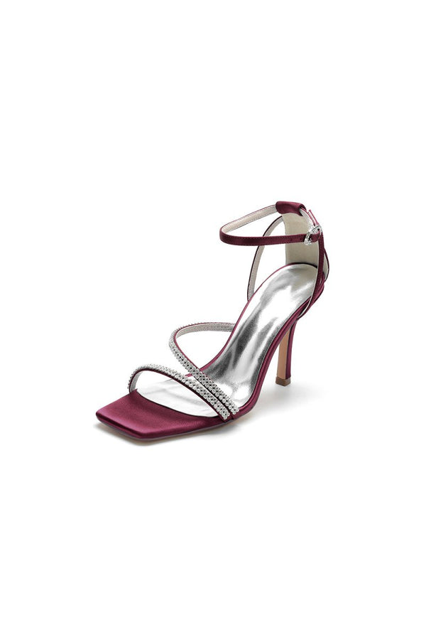 Square OpenToe Beaded Ankle Strap Satin Stiletto Heels - KissProm
