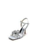 Square Toe Floral Beaded Ankle Strap High Heels - KissProm