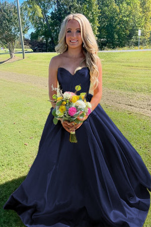 navy blue dress with white stripes A Line V Neck Strapless Blue Satin Long Prom Dresses, Blue Satin Long Formal Dresses, US 12 / Blue as Pics / No Rush