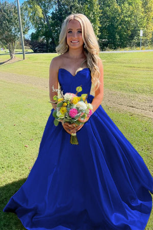 Ball Gown Sweetheart Satin Long Prom Dresses Royal Blue / 6