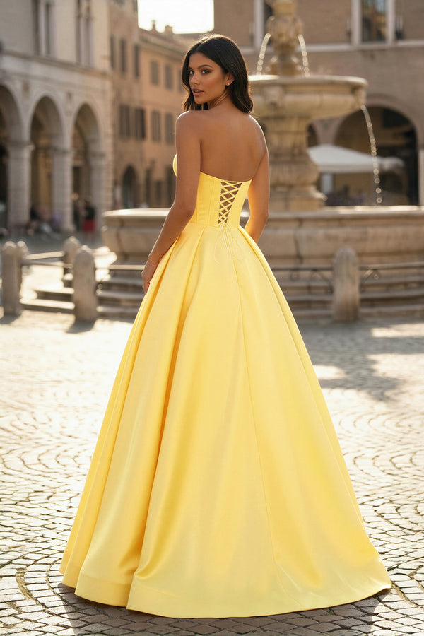 KissProm-Yellow Ball Gown Sweetheart Satin Long Prom Dresses