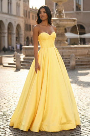 KissProm-Yellow Ball Gown Sweetheart Satin Long Prom Dresses