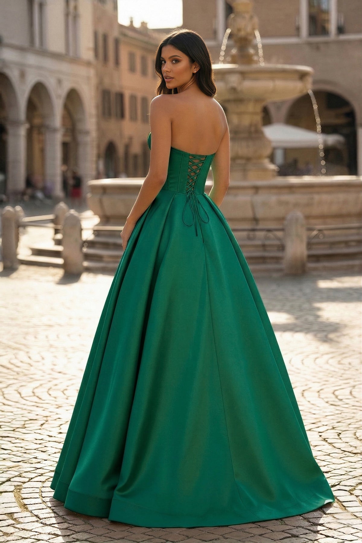 KissProm Ball Gown Sweetheart Satin Long Prom Dresses, Emerald / 8