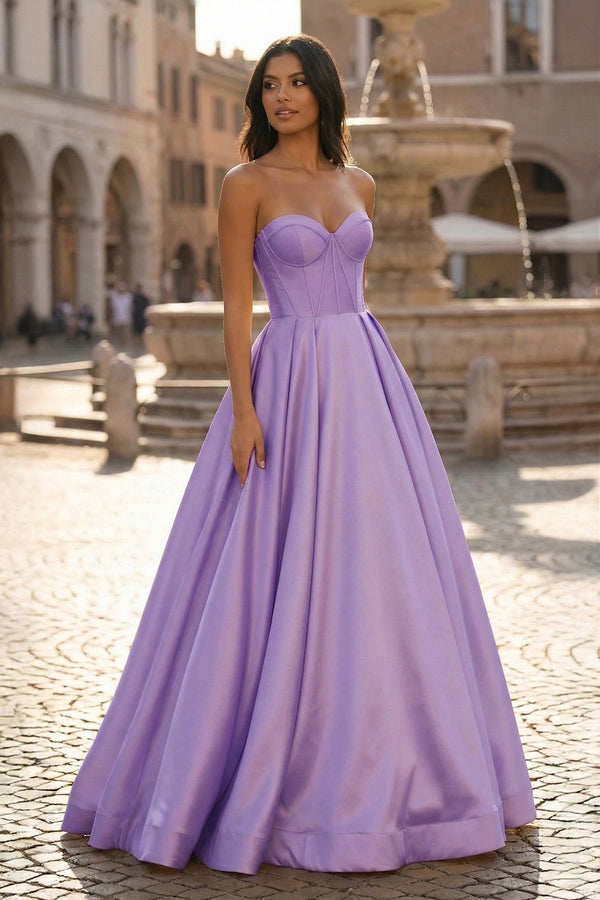 KissProm Ball Gown Sweetheart Satin Long Prom Dresses, Lilac / 0
