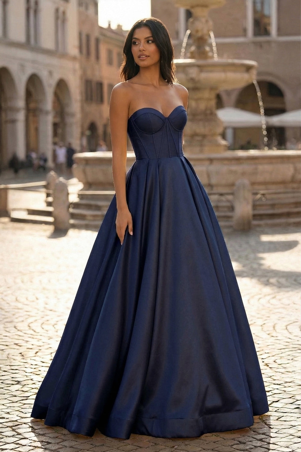 Navy Blue Ball Gown Sweetheart Satin Long Prom Dresses - KISSPROM PROM DRESSES
