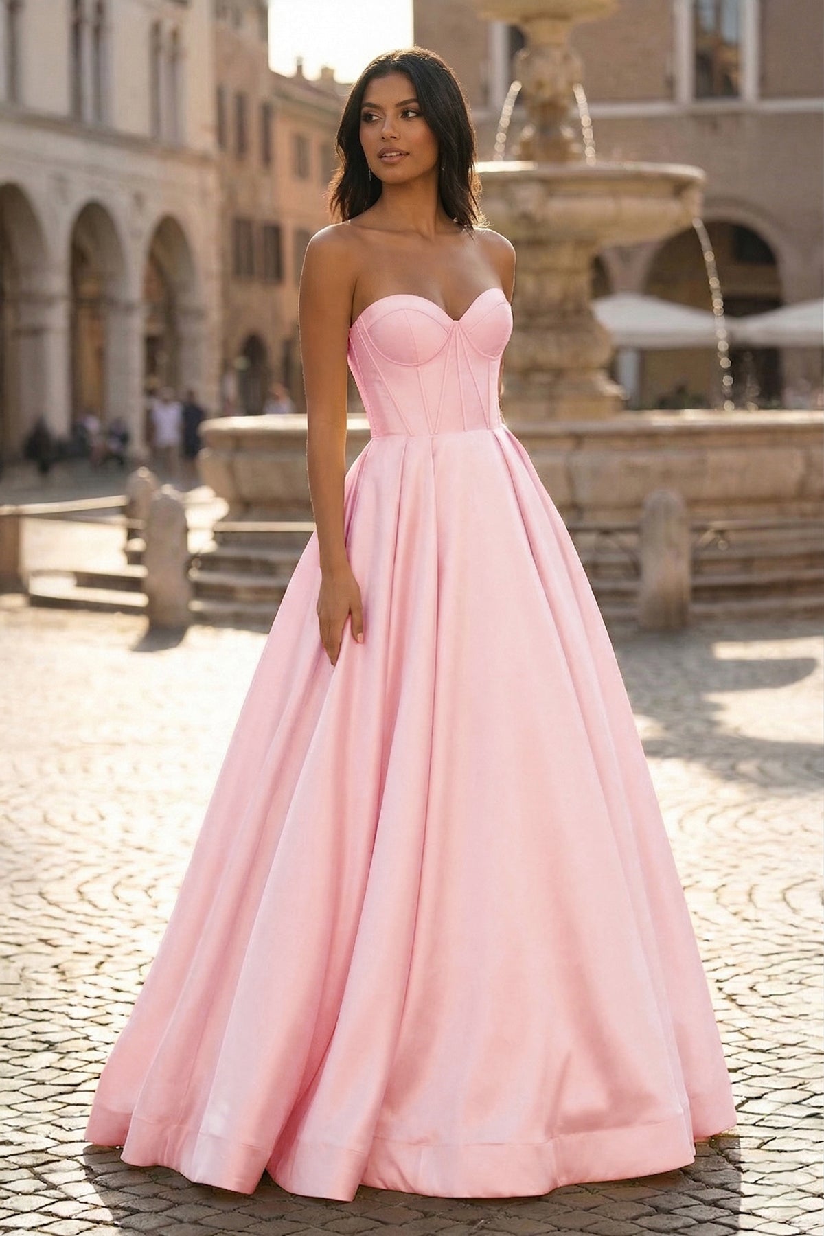KissProm Ball Gown Sweetheart Satin Long Prom Dresses, Pink / 00