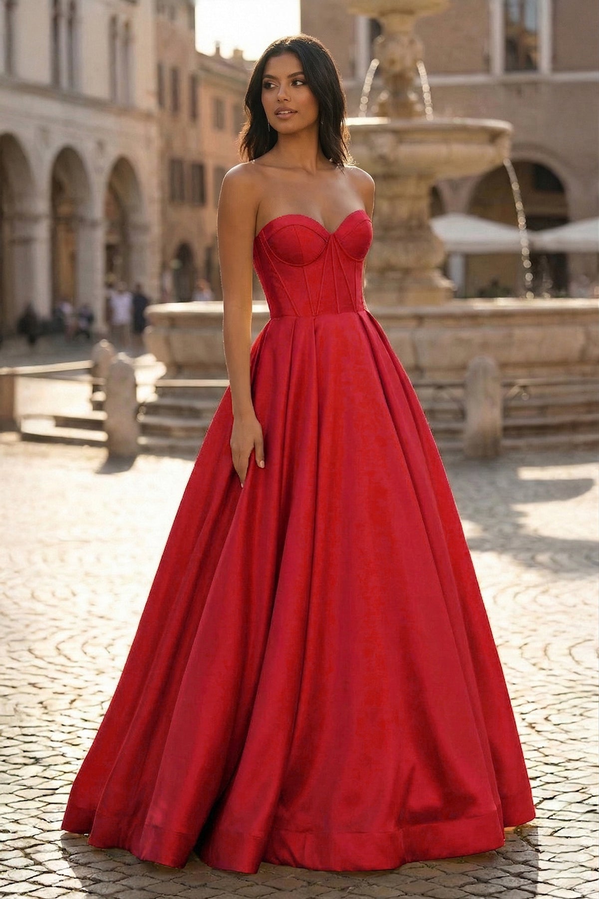 KissProm Ball Gown Sweetheart Satin Long Prom Dresses, Red / 2