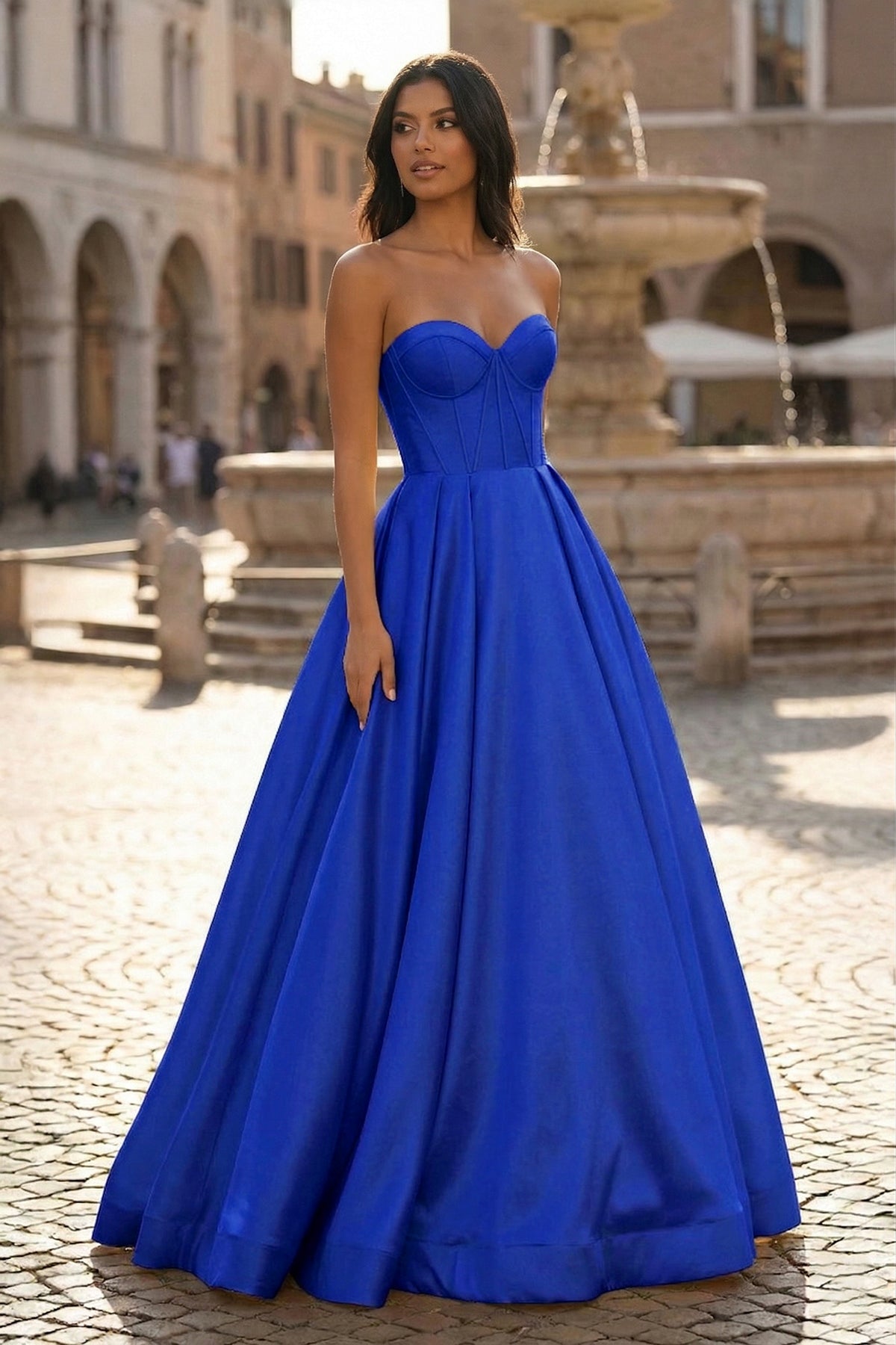 KissProm Ball Gown Sweetheart Satin Long Prom Dresses, Royal Blue / 6