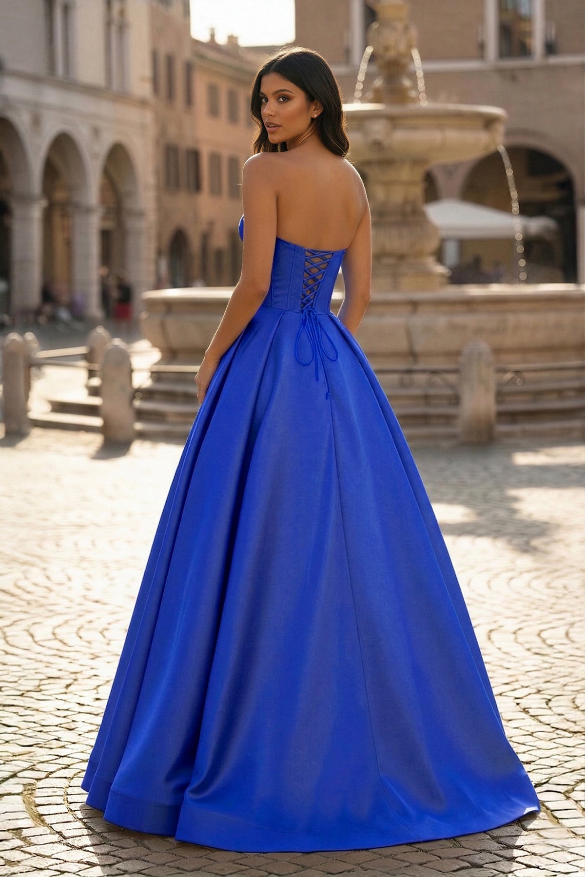 KissProm Ball Gown Sweetheart Satin Long Prom Dresses, Royal Blue / 6