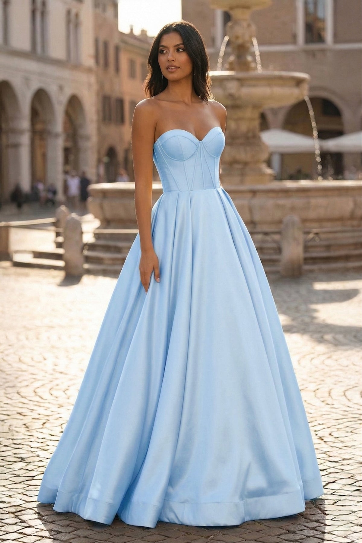 KissProm Ball Gown Sweetheart Satin Long Prom Dresses, Sky Blue / 0