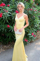 Starlee | Yellow - V Neck Yellow Open Back Mermaid Long Prom Dress - KissProm