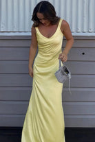 Starlee | Yellow - V Neck Yellow Open Back Mermaid Long Prom Dress - KissProm