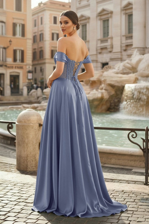 Steel Blue Off The Shoulder A Line Satin Beaded Long Formal Dress With Slit (2) | KISSPROM