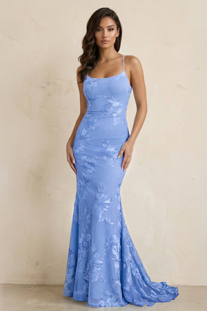 KissProm-Steel Blue Spaghetti Straps Mermaid Tulle Long Prom Dresses With Appliques