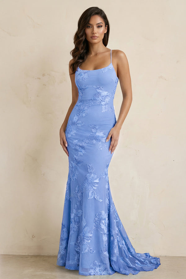 KissProm-Steel Blue Spaghetti Straps Mermaid Tulle Long Prom Dresses With Appliques