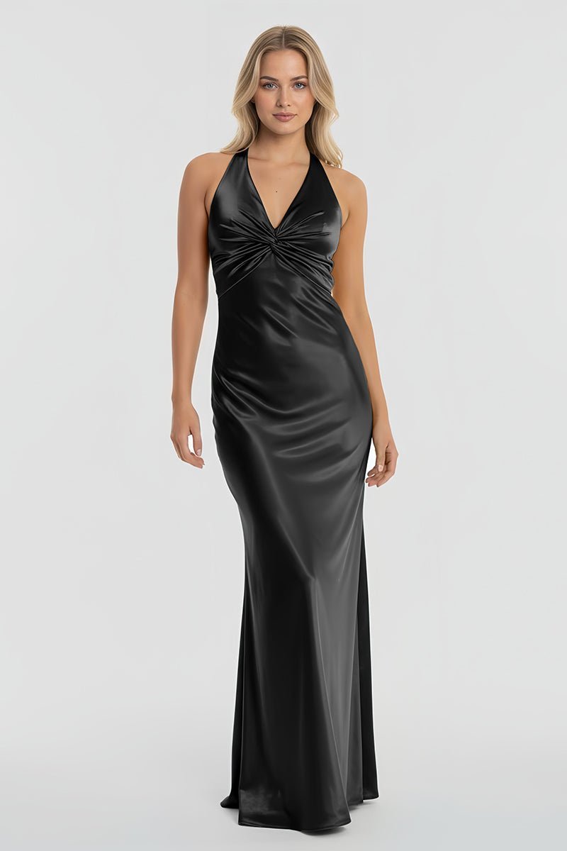 Turquoise Halter V-Neck Pleated Satin Sleeveless Long Prom Party Dress
