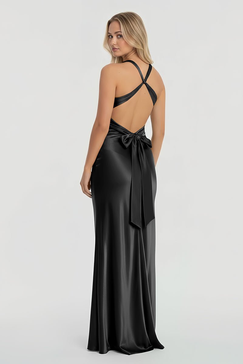 Steph | Turquoise - Halter V - Neck Pleated Satin Sleeveless Long Prom Party Dress - KissProm