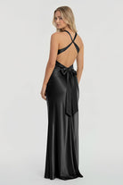 Steph | Turquoise - Halter V - Neck Pleated Satin Sleeveless Long Prom Party Dress - KissProm