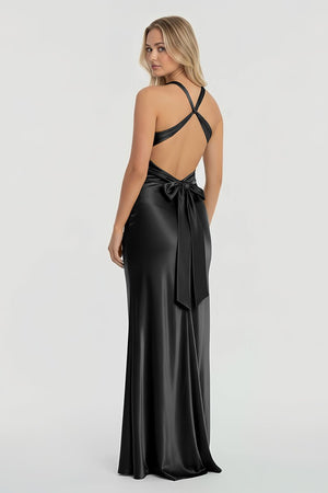 Steph | Turquoise - Halter V - Neck Pleated Satin Sleeveless Long Prom Party Dress - KissProm