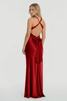 Steph | Turquoise - Halter V - Neck Pleated Satin Sleeveless Long Prom Party Dress - KissProm