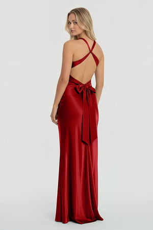 Steph | Turquoise - Halter V - Neck Pleated Satin Sleeveless Long Prom Party Dress - KissProm