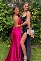 KissProm-Steph Fuchsia Halter V-Neck Pleated Satin Sleeveless Long Prom Party Dress