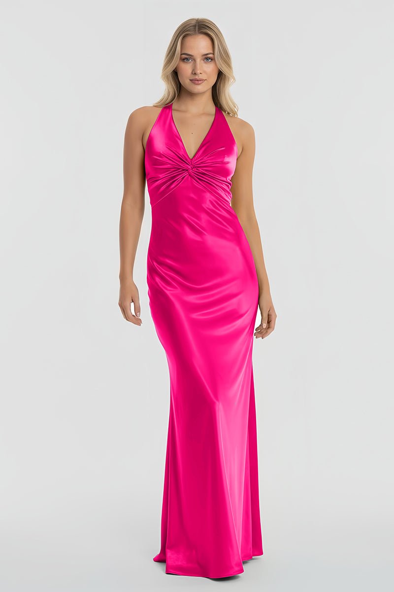 Steph | Turquoise - Halter V - Neck Pleated Satin Sleeveless Long Prom Party Dress - KissProm