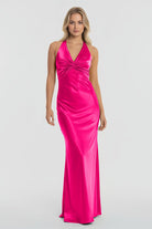 Steph | Turquoise - Halter V - Neck Pleated Satin Sleeveless Long Prom Party Dress - KissProm