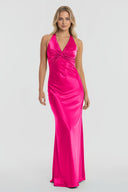Turquoise - Halter V-Neck Pleated Satin Sleeveless Long Prom Party Dress – Prom Dresses by KissProm | Available at KissProm